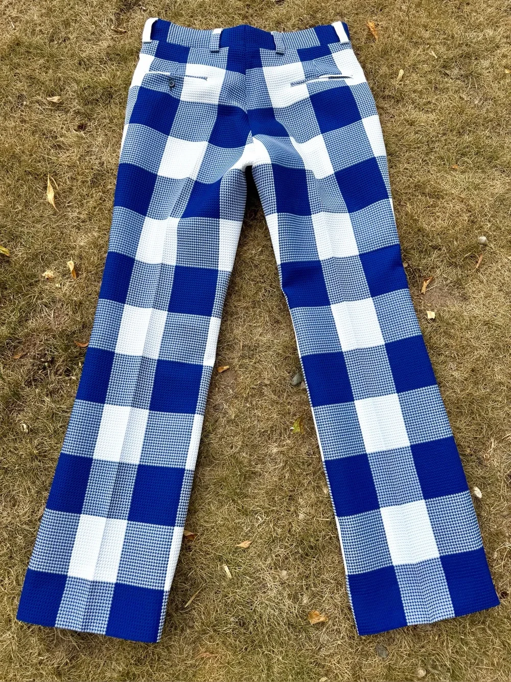 1970s CHECK GOLF PANTS Vintage Trouser Checked Blue & White Polyester Dress L